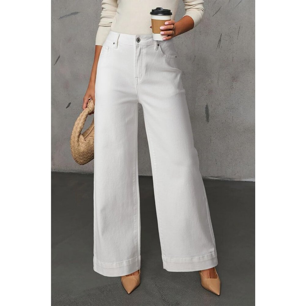 Women's White High Waisted Wide Leg Denim Jeans Stretchy Loose Pants with Pocket - Picture 3 of 3